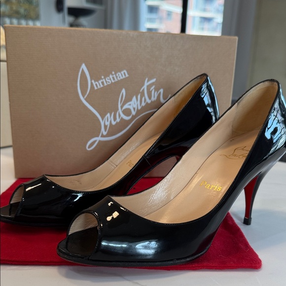 Christian Louboutin Glossy Black Peep-Toe Heels - Picture 1 of 6